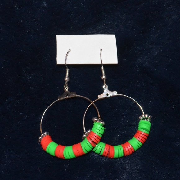 Red & Green Christmas Elf-Themed Clay Beaded Silver-Plated Hanging Earrings - Picture 1 of 4